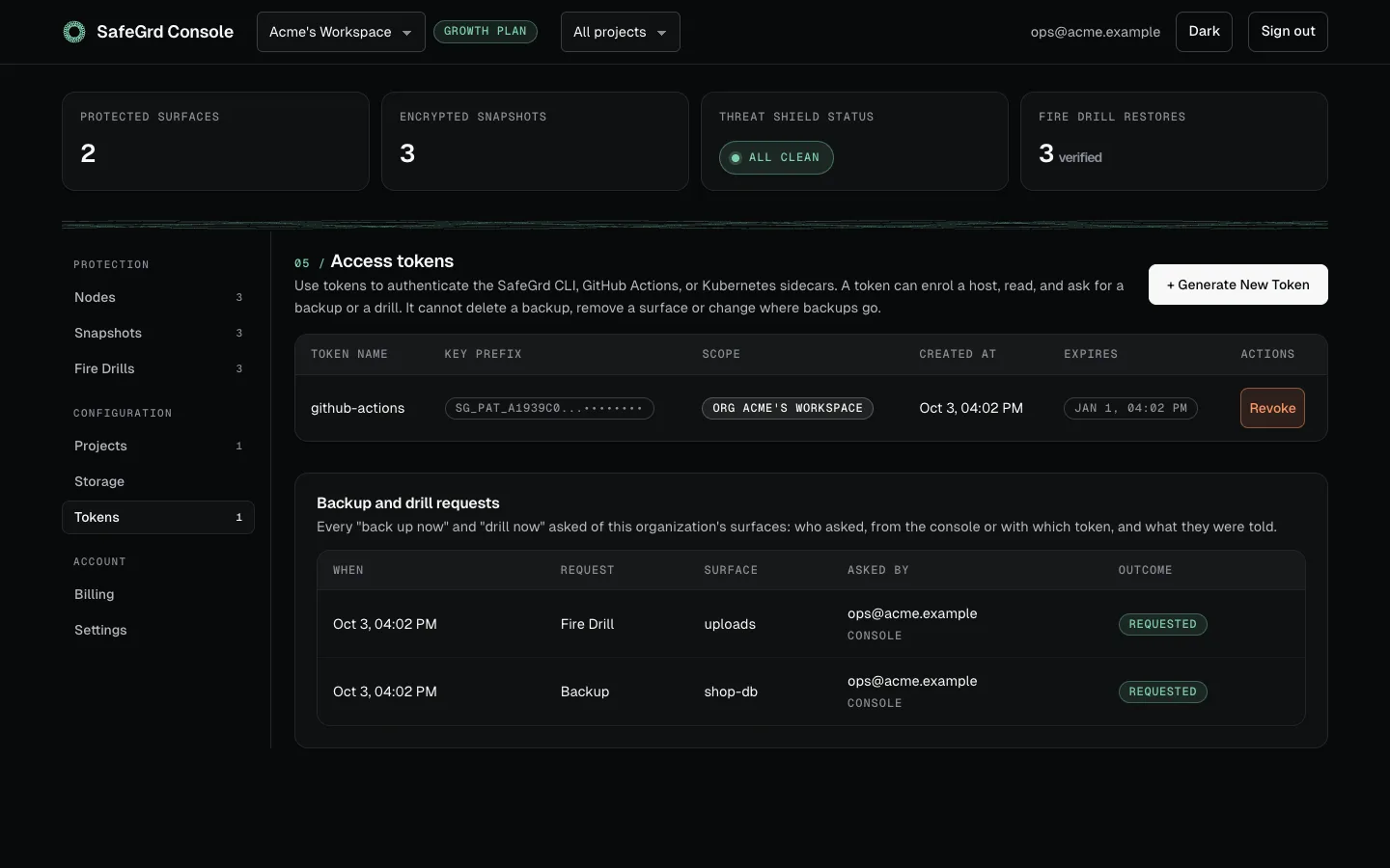 The Tokens tab: a CI token and the log of backup and drill requests.
