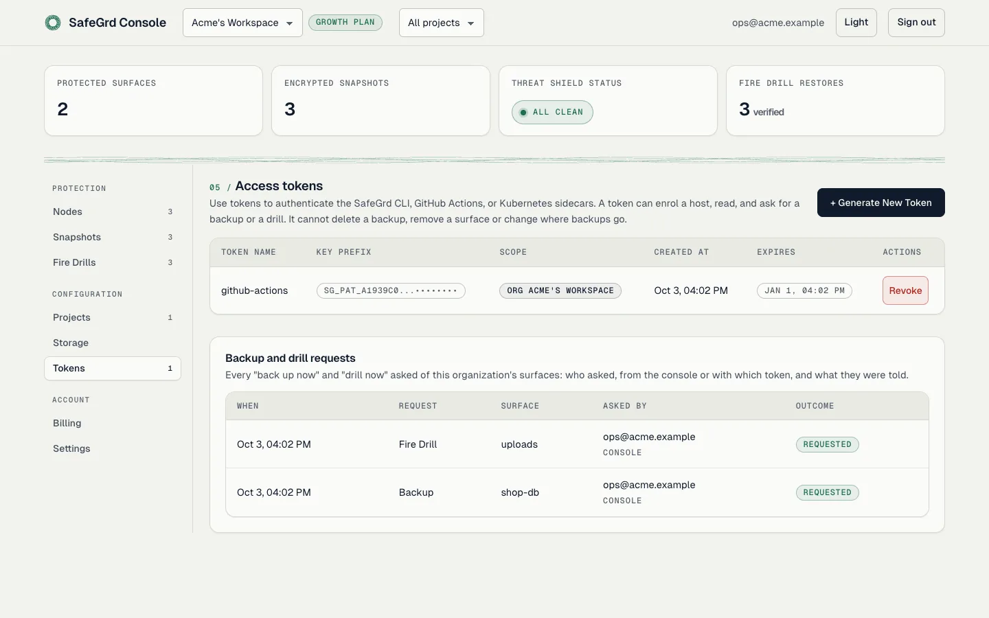 The Tokens tab: a CI token and the log of backup and drill requests.