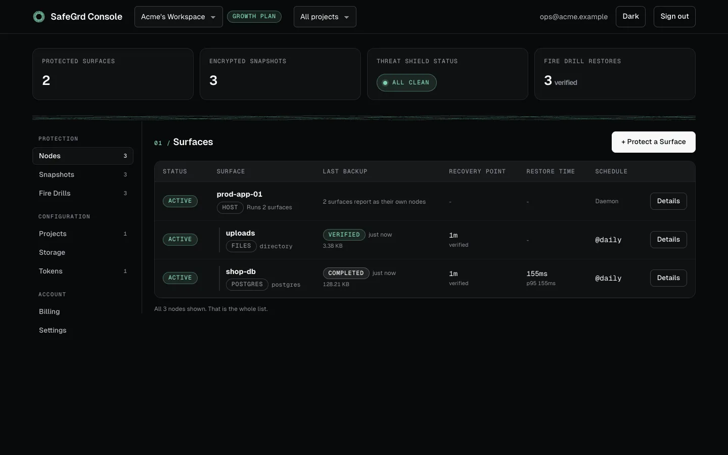The Nodes tab: a host and its two surfaces, with each surface's last backup, recovery point, restore time and schedule.