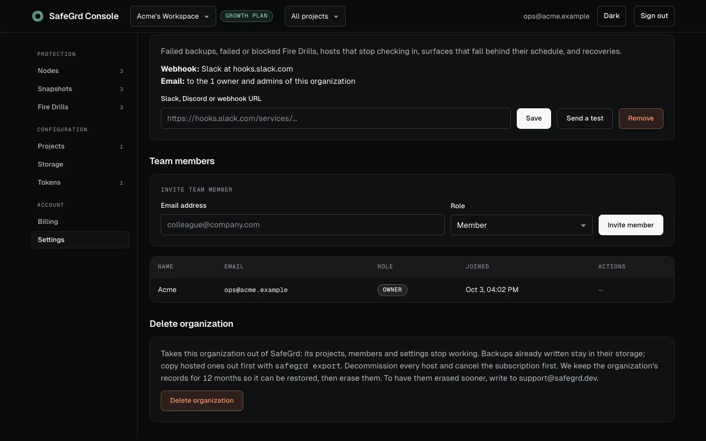 Settings, Alerts: a Slack webhook and email to the owners and admins.
