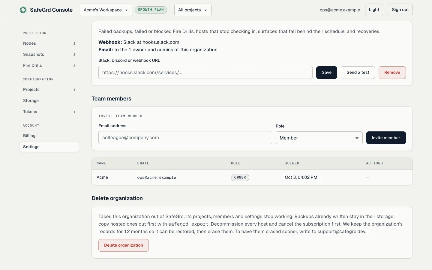 Settings, Alerts: a Slack webhook and email to the owners and admins.